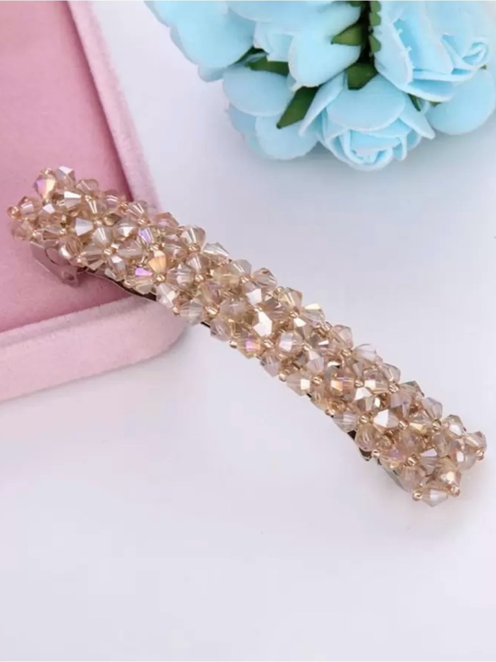 🆕 Stunning apricot champagne crystal beaded hair barrette.